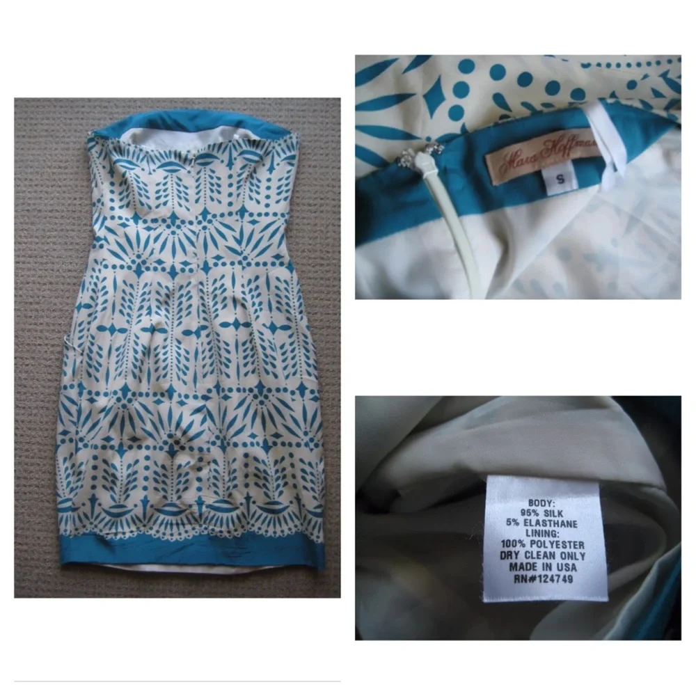 Mara Hoffman Silk Lace Print Strapless Mini Cream Small Ivory Blue Vintage S